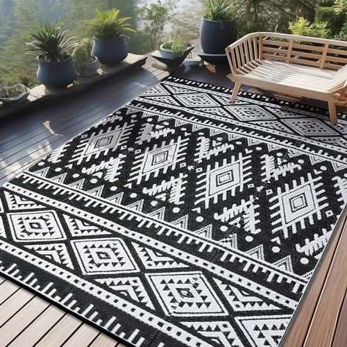 Homaxy Outdoor Teppich Wetterfest, Kunststoff Stroh Faltbar Waschbar UV-beständig Wendbar Balkon Garten Teppich für Terrasse Camping Picknick (240 x 300 cm, Schwarz & Weiß)