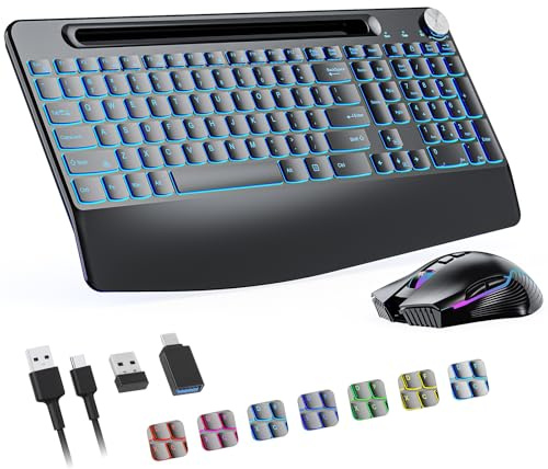 Teclado y mouse inalámbricos de 2.4 G, recargable, con retroiluminación de 7 colores, soporte para teléfono, reposamuñecas, mouse jiggler y perilla de volumen, combo de teclado y mouse de tamaño