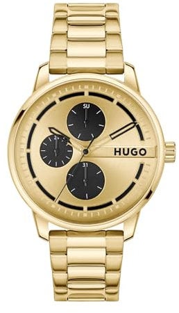 HUGO Multi Zifferblatt Quarz Uhr für Herren Kollektion #Stamp Multi mit Goldfarben Edelstahlarmband - 1530385
