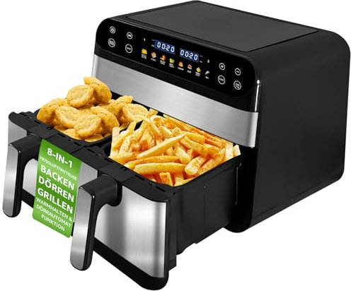 Jacgood 9L Heißluftfritteuse, 9 Liter Doppelkammer -ohne Öl Fritteuse mit 2 Körben Luftfriteuse,1800W Digitale Luftfriteuse, 8-Voreingestellten Menüs, LED-Touchscreen Temperatur Und Backsteuerung