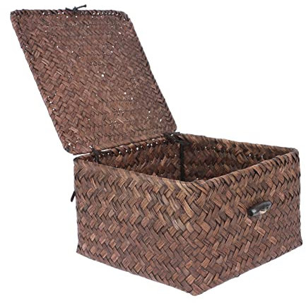 CHILDWEET Gewebter Aufbewahrungskorb Aus Seegras Mit Deckel Rechteckiger Aufbewahrungskorb Für Zuhause Wohnzimmer Und Küche Robust Und Praktisch 14x14x8cm