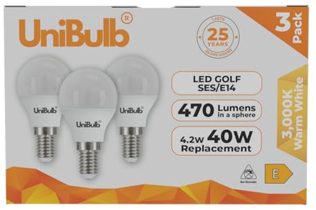 Unibulb E14 LED Light Bulb, Small Edison Screw (SES) 4.2W 470lm, 40W Equivalent, Warm White 3000K, Golf Ball Bulb (P45), Energy Saving LED, 220-240V, Non-Dimmable, 25yr lifespan, Pack of 3