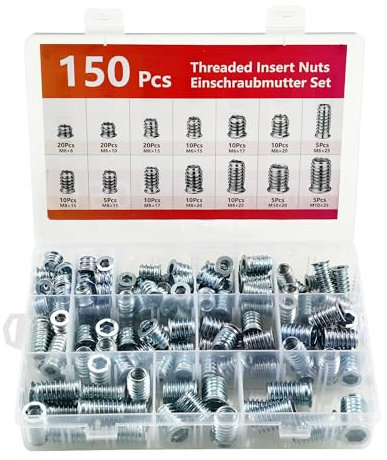 Inserti filettati, set di 150 confezioni di boccole filettate per legno, scatola in pp con etichette. Dadi a vite M6 M8 M10 in acciaio zincato, dadi esagonali per mobili in legno
