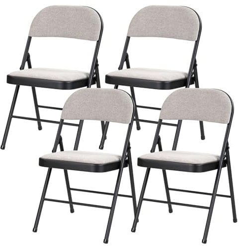 Taylor & Brown 4 x Deluxe Light Grey Fabric Padded Folding Chairs with Heavy Duty Metal Frame Folding Back Rest Chair for Home Garden Office Computer Desk - Size 46cm x 46cm x 79cm