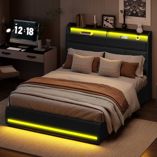 VixorLuilith Hydraulisches Stauraumbett 160×200 cm, modernes Polster-Doppelbett mit LED, praktischer Bettrahmen mit Stauraum und Lattenrost, PU, ​​ohne Matratze (Schwarz, 160x200cm)