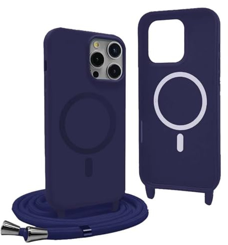 Magnetic Cover for iPhone 14 Pro with Lanyard, Compatible with MagSafe, Silicone Case with Adjustable Neck Strap Nylon Chain Necklace – Blue
