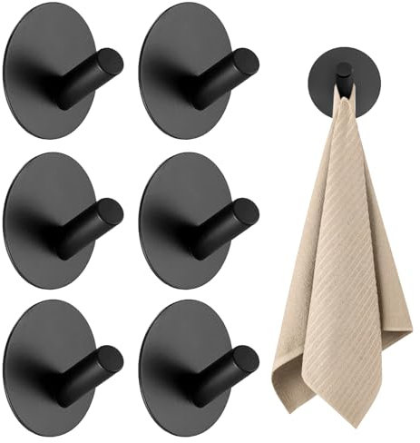 LUMOOM 6 Stück Edelstahl Klebehaken Schwarz, Wandhaken Selbstklebend, Handtuchhaken Ohne Bohren 45x30mm Runde Haken, für Badezimmer, Schlafzimmer, Küche, 10kg Tragkraft Extra Stark