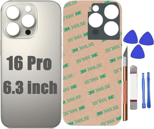 16 Rückglas Ersatz für iPhone 16 Pro Hinterglas, Natürliches Titan | Kratz‑ und abriebfest, präzise löcher, fester sitz, komplettes reparatur‑werkzeug‑kit im lieferumfang, umfangreiches zubehör