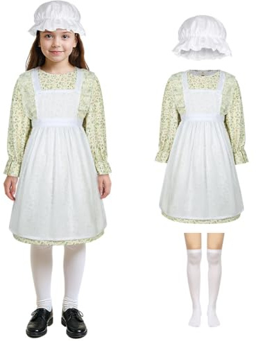 Aomig Victorian Maid Costume for Girls, Victorian Village Medieval Dress with Mop Cap & White Socks, Kids Victorian Poor Girl Outfit Fancy Dress Costumes for Halloween Cosplay, World Book Day
