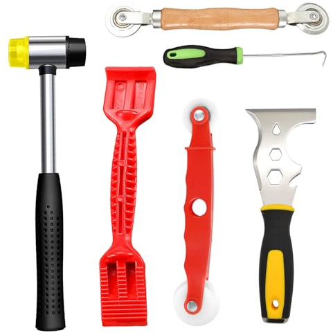 6 PCS Window Glazing Tool Kit, Glazing Tools 16-in-1 Steel Scraper Ruber Hamme Red Window Roller Rubber Strip Shovel Spline Roller Tool Spline Removal Hook for Windows Doors