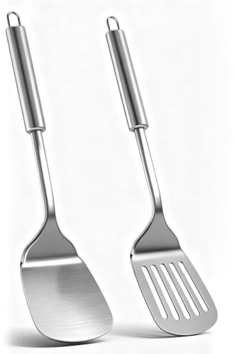 Xiqiggi 2 Pcs Espatula Cocina Acero Inoxidable, Juego de Utensilios Cocina, Paleta Cocina Resistente y Duradero, Espátula Ranurada Plateada, Lengua Sólida, Aptas para Lavavajillas, Fáciles Limpiar