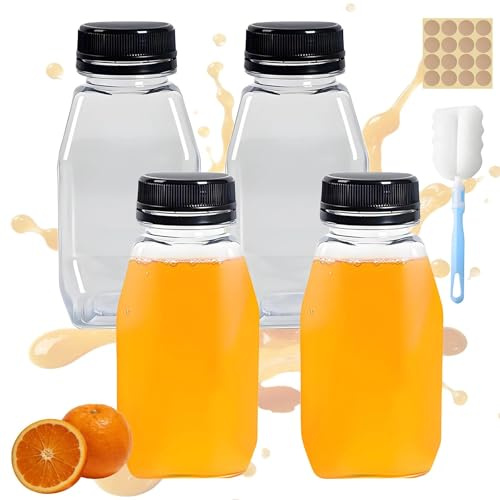 4 Pcs Mini Refrigerator Bottles, 9.5oz/280ml Mini Fridge Bottles, Small Milk Bottle with Lids, with Cup Brush and Label Stickers, for Smoothie, Milk and Juice Drinks