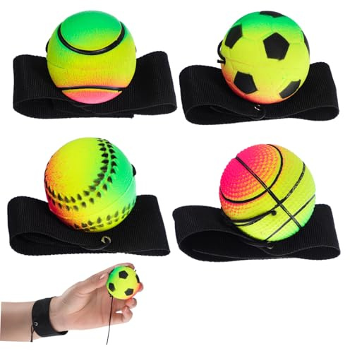 FUNOMOCYA 4 Stück Teiliges Rebound Ball mit Verstellbarem Gummiband Handgelenks rückprallbälle aus Robustem Gummi Inklusive Basketball Fußball Baseball Tennisball für Sport Fitness und