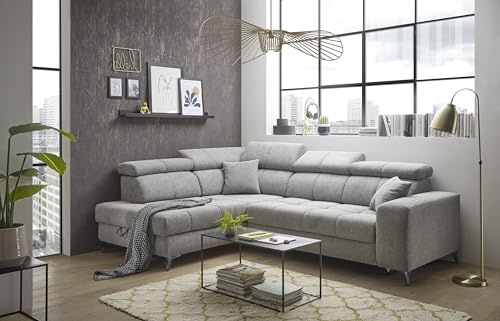 Stella Trading Sydney Ecksofa in Taupe - Moderne Eckcouch in L-Form mit Bettkasten, Kopfteil- und Sitztiefenverstellung - 282 x 86 (105) x 198 cm (B/H/T)