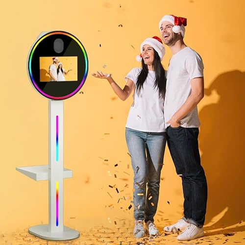 DSLR Photo Booth Machines, 15.6 Inch Touch Screen & RGB Light Box & Flight Case & APP/Remote Control, Instant Printing Selfie Photobooth, for Events Wedding Rental White