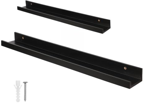 Wackadoo Bilderleiste Schwarz Holz, 2er Set 70 cm und 110 cm, Bilder Regale für Wände, Schwebendes FSC-Holz Wandregal, Schweberegal, Wandboard, inkl. Schrauben und Dübel