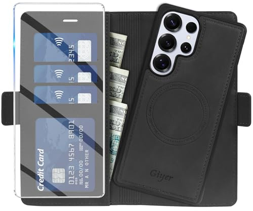 Giyer Starke Magnetisch Handyhülle für Samsung Galaxy S22 Ultra Hülle mit Schutzfolie, 2 in 1 Abnehmbare PU Leder Wallet Standfunktion Kartenfach Schutzhülle für Samsung S22 Ultra Case (Schwarz)