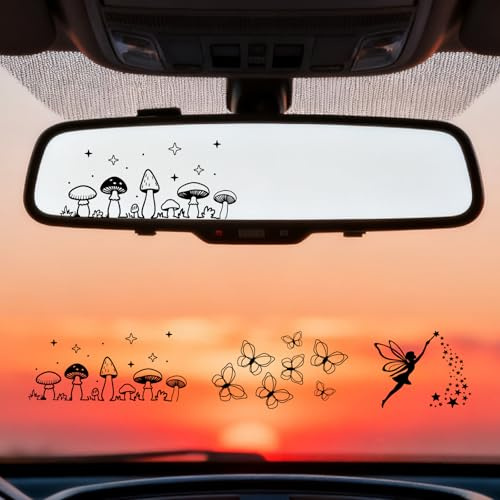 PRESSINART 6 Stück 3 Styles Schmetterling Auto Rückspiegel Aufkleber Pilz Auto Fenster Sticker Pilze Schmetterlinge Feen Sterne Gemischte Muster Kleine PVC Vinyl Transfer Aufkleber Für Stoßstange