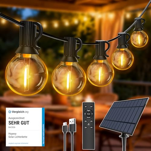 Hopexy Lichterkette Außen Solar 10m,16+1 G40 LED Glühbirnen Wetterfest IP65 | Wasserdichte Outdoor Solarbeleuchtung für Garten, Balkon, Party & Deko. Inkl. Fernbedienung, 3 Modi & Timer Warmweiß