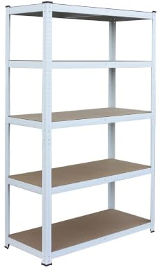 Relaxdays Schwerlastregal, HxBxT: 180x100x30 cm, 875 kg, 5 Ebenen, Lagerregal Keller & Garage, zum Stecken, weiß/braun