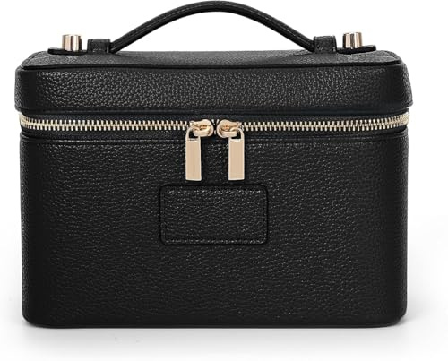 PU Kosmetiktasche Make up Tasche Damen, wasserdicht Kulturtasche mit Griff, Reise Cosmetic Bag Organizer Schminktasche mit Fächern (Schwarz)