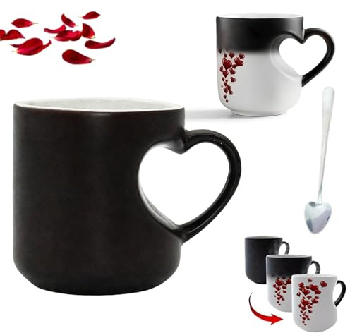 Gienslru Heart-Shaped Color Changing Magic Ceramic Mug, Heat Sensitive Magic Color Changing Coffee Mug with Red Heart Design, Valentine Themed Hearts Shaped Handle Ceramic Coffee Cup (Black)