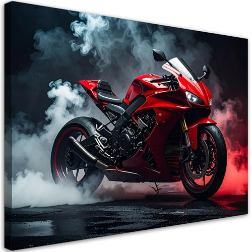 Feeby Leinwandbild - Bilder Wohnzimmer - Rotes Motorrad - 60x40 1tlg - Deko Schlafzimmer - Wanddekoration - Aesthetic - Groß Moderne Bild - Foto auf Leinwand