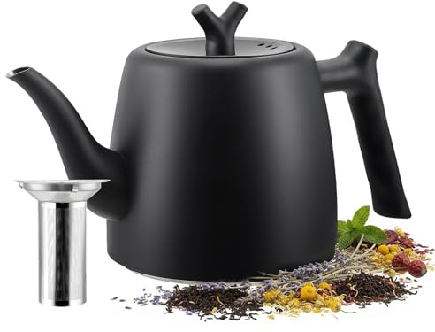 Teekanne Schwarz, 2L Große Tee Kanne mit Teesieb,Teapot Thermo 10-12 Tassen Doppelwandig Tea Maker aus Edelstahl für Losen Tee Ingwer & Kräutermischungen