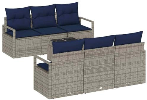 vidaXL Sofa Set mit Kissen 7 pcs Grau und Marineblau Poly Rattan, Garten- und Terrassenmöbel, Rechteckige modulare Lounge-Einheit, UV-beständiges Sofa für Entspannung