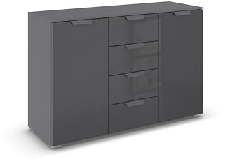 Rauch Möbel ADITIO, Kommode, Farbe Grau metallic/Glas Basalt, Breite 120 cm | Sideboard im modernen Look, 2-türig, 4 Schubladen, Glasfront, Soft-Close, für Schlafzimmer, Gästezimmer, Wohnzimmer, Flur