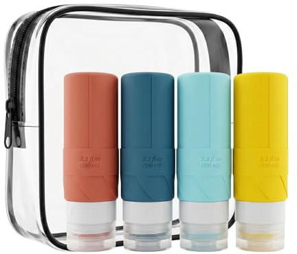 MIMISOLA 4 Piezas Botellas de Viaje Silicona, Botes Viaje Rellenables 100ML, Portátil Envases de Viaje a Prueba de Fugaspara Champú, Loción, Crema, Acondicionador y Gel de Ducha