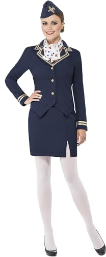 Smiffys Airways Attendant Costume, Blue with Jacket, Skirt, Scarf and Hat, Icons & Idols Fancy Dress, Adult Dress Up Costumes