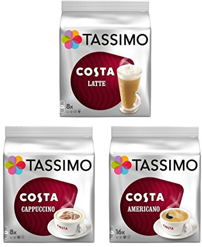 Tassimo 3 Costa Variety Bundle - Costa Latte , Americano and Cappuccino Coffee (32 Servings Total)