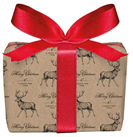 3er Set Geschenkpapier zu Weihnachten Bögen HIRSCH MERRY CHRISTMAS Retro Kraftpapier Look NATUR Weihnachtsgeschenkpapier, Adventszeit, Weihnachtspapier PEFC zertifiziertes Papier, 50 x 70 cm