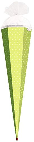 ROTH Bastel-Schultüte groß hellgrün - weiße Herzen 85 cm - 6-eckig Rot(h)-Spitze und Tüllverschluss Weiss