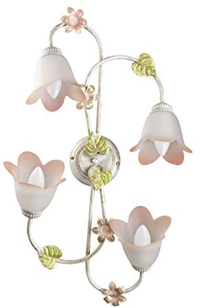 Onli Plafoniera 4 luci in Metallo Bianco e Oro Decorata con Foglie Verdi e Fiori Rosa, metallo;vetro