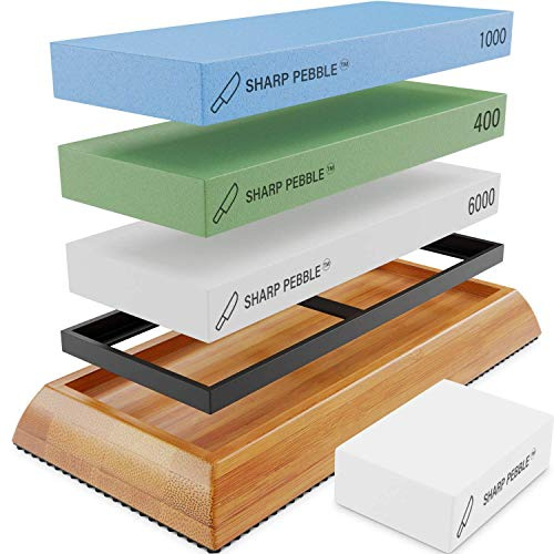 Sharp Pebble Premium Extra großer Schleifstein Set - Schleifstein Messerschärfer - Körnung 400/1000/6000 Wasserstein & Abflachstein - Küchenmesser Schärfer mit rutschfester Bambusbasis & Geschenkbox