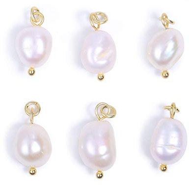 Wholesale 6 PCS White Baroque Pearl Charms Small Freshwater Pearls Pendant Bulk for Jewellery Making, 14K Gold Plated (14k Gold Small)