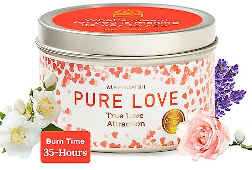 MAGNIFICENT 101 Pure Love Valentinstag Aromatherapie-Kerze für Liebesanziehung, Romantik, Salbei-Rosen-Lavendel-Duft, natürliches Sojabohnenwachs-Dose zur Reinigung und Chakra-Heilung (Rot, 6 oz)