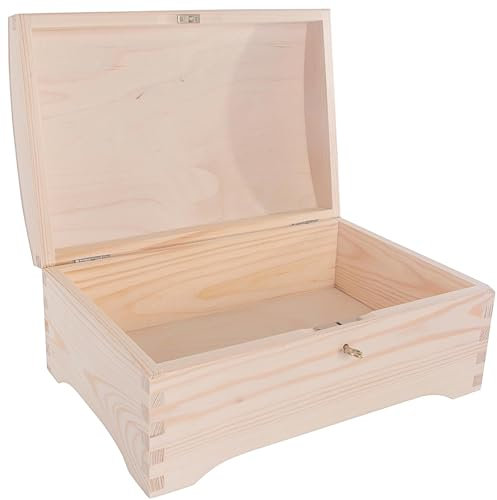 WooDeeDoo Wooden Treasure Chest Box with Hinged Lid and Key Lock – Unfinished Pine Storage for Gifts Trinkets Memories Crafts – Customisable Decorative Box – 30 x 20 x 13 cm