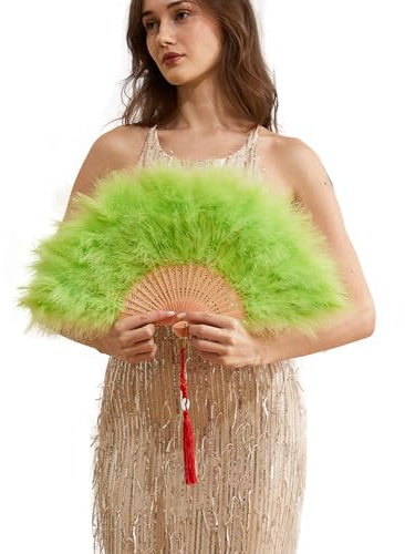 HAPPY FEATHER Handheld Marabou Feather Fan, 1920s Vintage Style Flapper Hand Fan for Costume Party and Dancing-Green