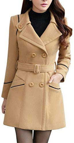 Onsoyours Khaki Taschen Zweireiher Mit Gürtel Langarm Elegant Dicke Warme Wintermantel Wollmantel Outwear Damen Mode XS