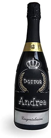 Bottiglia per Festa di Laurea PERSONALIZZABILE - Bottiglia regalo spumante italiano 0,75L con scritta Auguri Dottore in autentici cristalli e possibilità di personalizzare il nome (AUGURI DOTTORE)