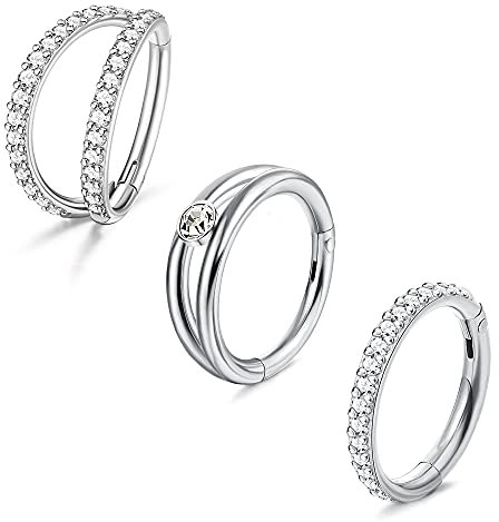 JeweBella 3 Paar 16G 316L Chirurgenstahl Body Helix Piercings Ohrringe 8/10mm Knorpel Hoop Clear CZ Paved Segment Conch Piercing Ring Unisex Creolen Septum Piercing Schmuck