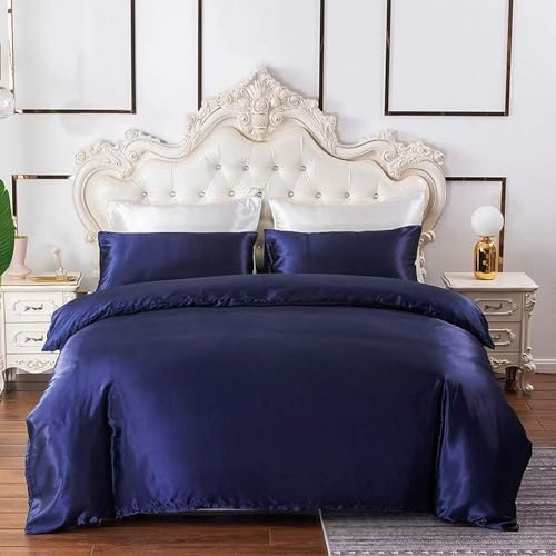 Navy Bedding King Silk Like Satin Duvet Cover Set Dark Blue Silky Comforter Cover Soft Honeymoon Hotel Bedding Collection For Adult Bedroom Decorative,2 Pillow Shams,Zipper,Lightweight Brushed,King
