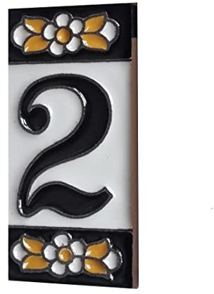 7,5 cm x 3,5 cm spagnolo arancione & nero floreale ceramica numero civico piastrelle simboli e cornici in metallo filigrana (numero 2)