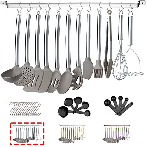 38 Pieza Juego De Utensilios De Cocina Con Rejilla Para Utensilios, Cabezal De Silicona Y Mango De Acero Inoxidable, De Cocina Para Juegos De Utensilios, Antiadherentes Utensilios Cocina (Plateado)