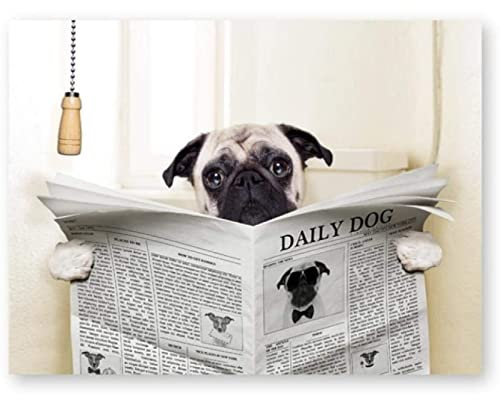 Mops Hund auf Toilette und Lesen Zeitschrift mit einer Pause Lustige Leinwand Poster Kunstdrucke Badezimmer Toilette Wand Gemälde Dekor Leinwand Bild Rahmenlos 40×50cm