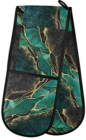 Black Teal Marble Green Malachite with Golden Veins Gold Spots Double Oven Mitt Gloves Extra Long Potholder High Heat Resistant for Baking Cooking Baking Grilling Handling Hots Pans 35x7