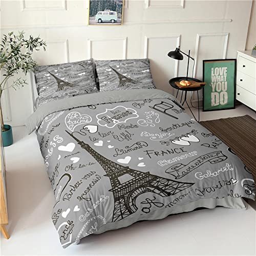 RFFLUX 3D grau Paris Eiffelturm Bettwäsche Set 135x200 cm 2teilig mit Reißverschluss Weiche und Angenehme Schlafkomfort Microfaser Bettbezug Kinderbettwäsche mit Kissenbezug 80x80 cm